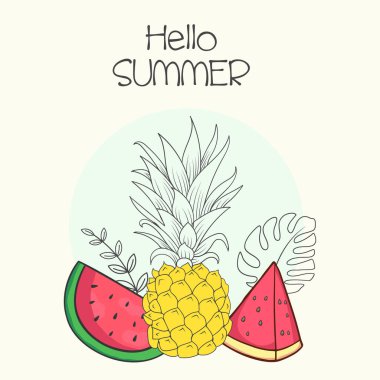 Karpuz ananas ve tropikal yapraklı meyveler.