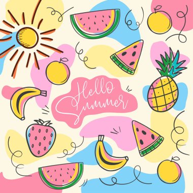 Yaz arkaplan tasarımı. Parlak renkli ve meyveli karpuz ananas çilekli.