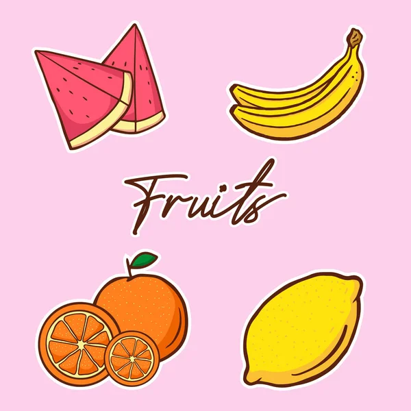 Fruchtvektorillustration Mit Wassermelonen Banane Zitrone Und Orange — Stockvektor