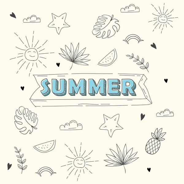 Handgezeichnete Sommerliche Elemente Mit Früchten Tropischen Blättern Und Sonne — Stockvektor