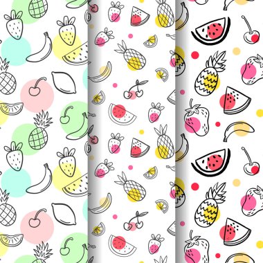 Yaz düz desenler koleksiyonu, meyveli karpuz, kirazlı, ananaslı ve çilekli.