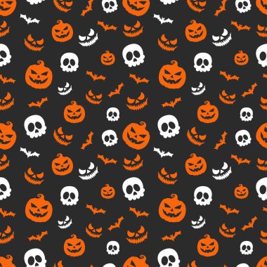 Cadılar Bayramı desenli şirin balkabaklarıyla uçan yarasa yetenekleri ve siyah arka planda izole edilmiş korkunç yüzler.