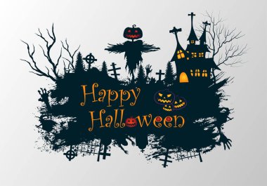 Karanlık perili ev ve korkuluklu Cadılar Bayramı çizimi