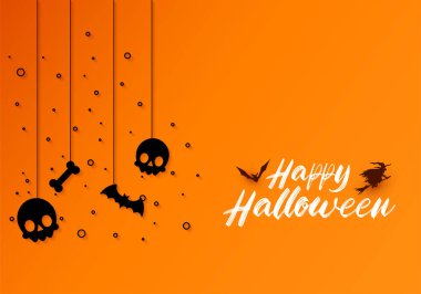 Happy halloween background with hanging halloween elements like pumpkins and skulls clipart