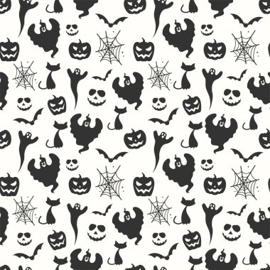 Siyah ve beyaz cadılar bayramı desenli arka planda hayaletler kediler yarasalar balkabakları ve örümcek ağları