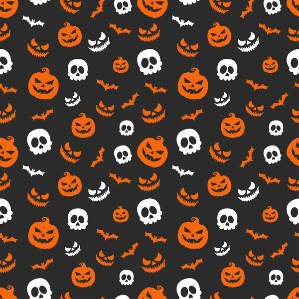 Halloween Pattern Cute Pumpkins Flying Bats Skills Scary Faces Isolated — Stock Vector