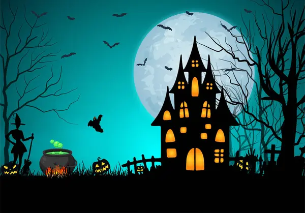 Halloween Pozadí Ploché Ilustrace Siluetou Hradu Zářící Měsíc Mrtvé Stromy — Stockový vektor