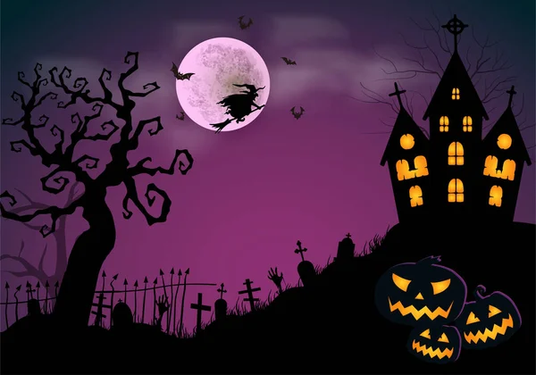 Cimetière Hill Halloween Fond Avec Des Arbres Morts Pleine Lune — Image vectorielle