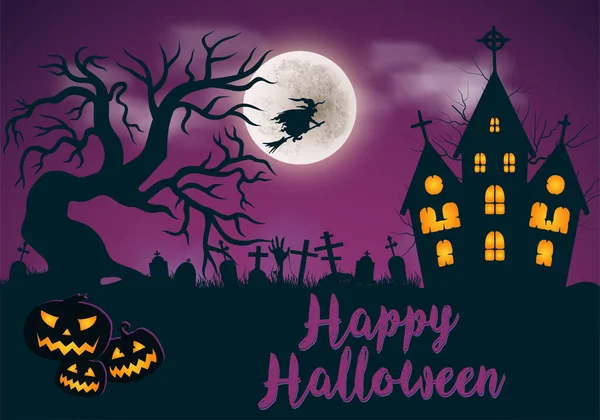 Счастливый Хэллоуин Фоне Лунной Ночи Фиолетовым Туманом Темным Замком Привидениями — стоковый вектор
