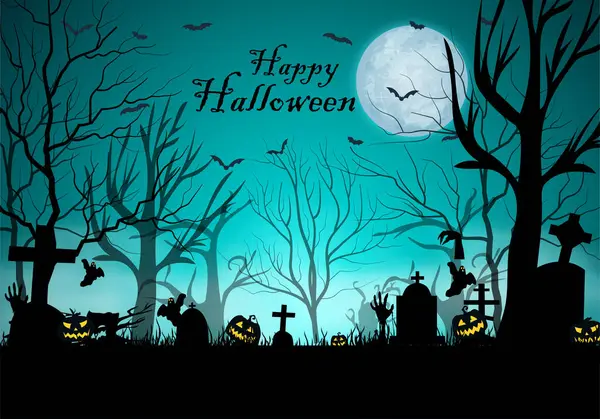 Halloween Bakgrund Med Stora Glödande Månen Bollen Natthimlen Och Fladdermöss — Stock vektor