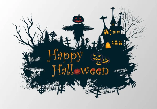 Ilustración Halloween Con Aterradora Casa Embrujada Oscura Espantapájaros — Archivo Imágenes Vectoriales