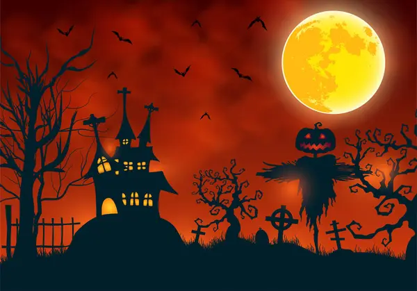 Illustration Fond Halloween Avec Épouvantail Effrayant Une Maison Hantée Effrayante — Image vectorielle