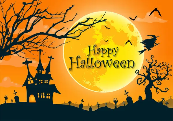 Halloween Hintergrund Gruselige Nachtlandschaft Mit Abgestorbenem Baum Und Vollmond Orangen — Stockvektor
