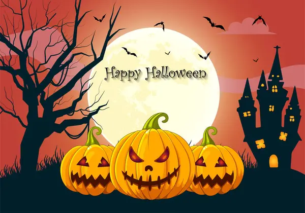 Halloween Bakgrund Med Halloween Skrämmande Pumpor Fullmåne Och Hemsökt Hus — Stock vektor
