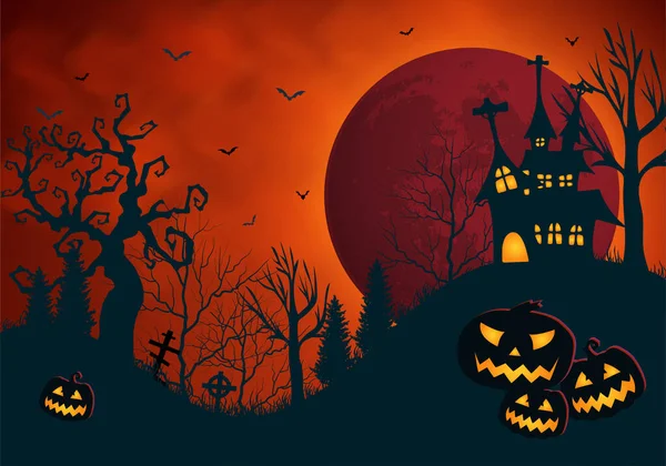 Счастливый Хэллоуин Фоне Дома Привидениями Фоне Кровавой Луны Мертвого Леса — стоковый вектор