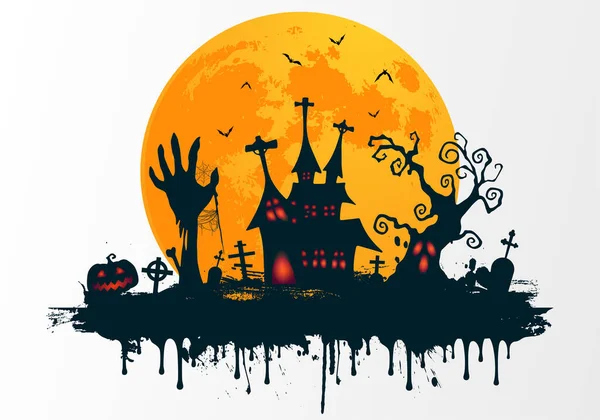 Ilustración Fondo Tarjeta Halloween Feliz Con Mano Del Zombi Casa — Vector de stock