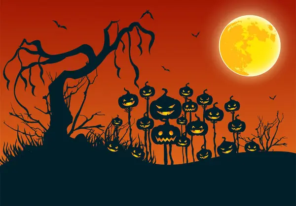 Joyeux Fond Plat Halloween Avec Effrayant Arbre Mort Pleine Lune — Image vectorielle