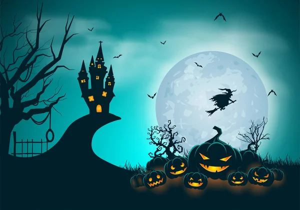 Joyeux Halloween Bannière Invitation Fête Fond Avec Citrouilles Rougeoyantes Pleine — Image vectorielle