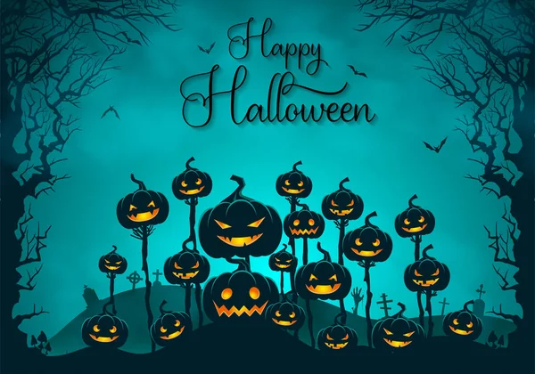 Halloween Hintergrund Mit Leuchtenden Kürbissen Einer Gruseligen Landschaft Und Gruseligen — Stockvektor