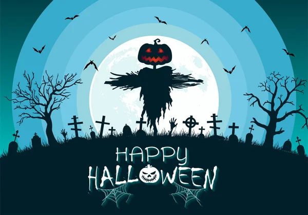 Glad Halloween Bakgrund Illustration Med Kyrkogård Gravstenar Glödande Måne Och — Stock vektor