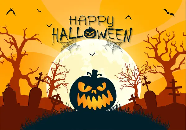 Laranja Fundo Halloween Com Árvore Assustadora Abóboras Assustadoras Contra Uma — Vetor de Stock