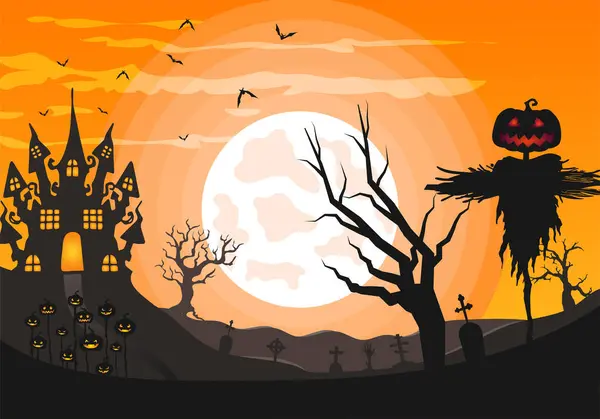 Naranja Ilustración Fondo Halloween Con Espantapájaros Espeluznantes Casa Embrujada Miedo — Archivo Imágenes Vectoriales