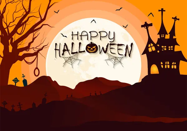 Happy Halloween Illustration Fond Avec Grande Pleine Lune Paysage Colline — Image vectorielle