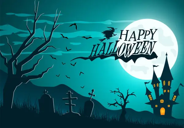 Feliz Banner Halloween Invitación Fiesta Ilustración Fondo Con Luna Paisaje — Archivo Imágenes Vectoriales