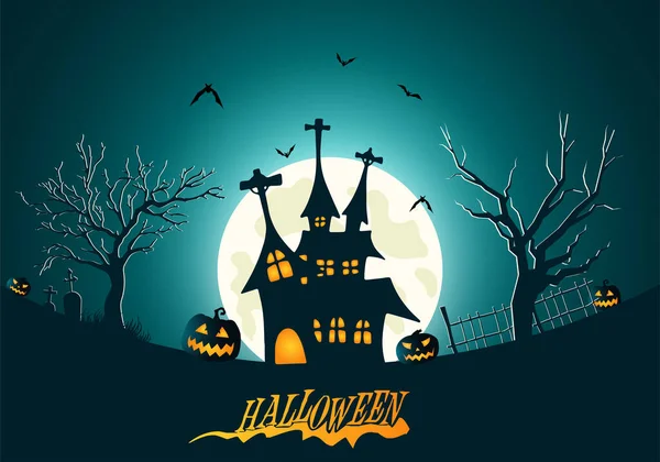 Halloween Fond Plat Illustration Avec Silhouette Château Lune Brillante Des — Image vectorielle