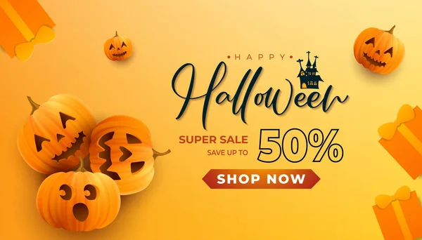 Happy Halloween Horizontal Sale Banner Promotion Realistic Pumpkins Gift Box — стоковый вектор
