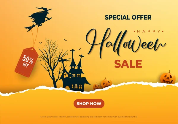 Happy Halloween Torn Paper Effect Sale Banner Background Haunted Castle — Stock Vector