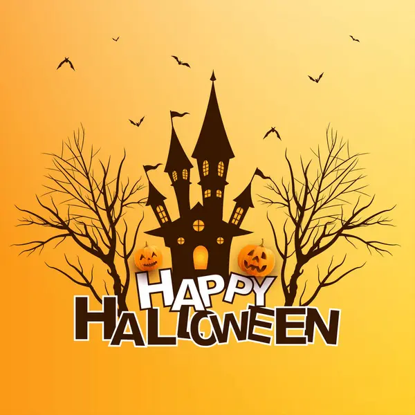 Fondo Tarjeta Halloween Feliz Con Murciélagos Voladores Por Encima Árbol — Archivo Imágenes Vectoriales