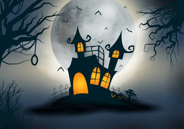 Halloween Zwart Wit Achtergrond Met Griezelige Nacht Halloween Spookkasteel — Stockvector