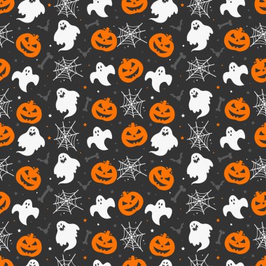 Hayalet kemikleriyle mutlu cadılar bayramı şablonu yarasalar, balkabakları ve karanlık arka planda izole örümcek ağları.