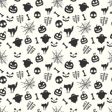 Hayaletlerle Cadılar Bayramı şablonu kutlu olsun iskelet balkabakları kediler ve örümcekağları arka plan ya da ambalaj kağıdı tasarımı için