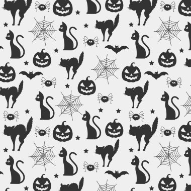 Cadılar bayramı elementleri ve cadılar bayramı kedileriyle siyah ve beyaz cadılar bayramı desenleri