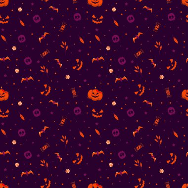 Kabak kafatası ve yarasalarla ambalaj kağıdı için koyu arkaplan Cadılar Bayramı deseni.