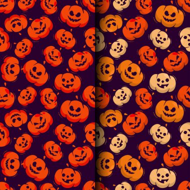 Cadılar Bayramı desen koleksiyonu koyu arkaplanda farklı renklerde balkabakları ile