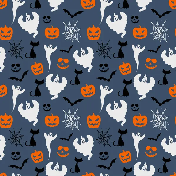 Halloween Ilustración Fondo Patrón Sin Costuras Con Fantasmas Gatos Murciélagos — Vector de stock