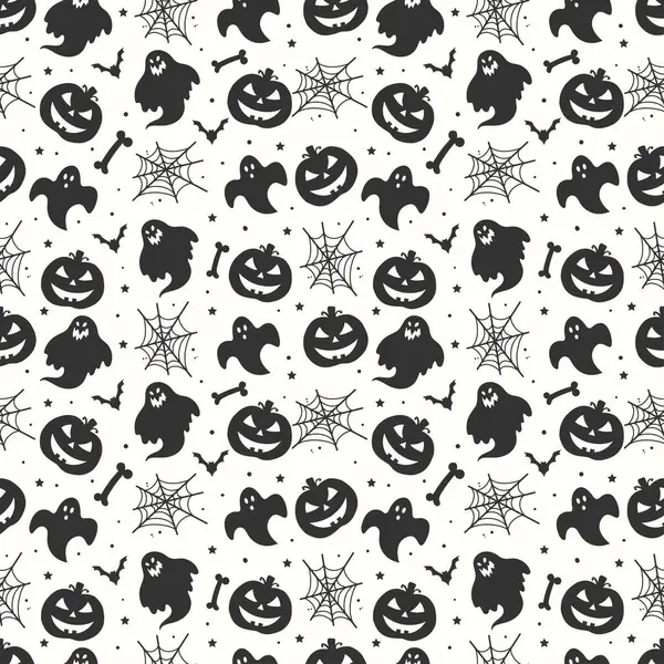 Preto Branco Sem Costura Halloween Padrão Fundo Com Fantasmas Crânios — Vetor de Stock