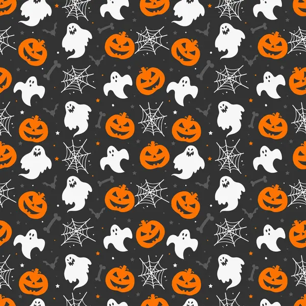 Patrón Halloween Feliz Con Fantasmas Huesos Murciélagos Calabazas Telarañas Aisladas — Archivo Imágenes Vectoriales