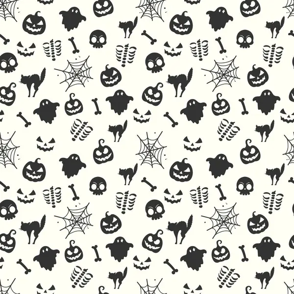 快乐的万圣节图案与鬼魂骷髅南瓜猫和蜘蛛网为背景或包装纸设计 — 图库矢量图片