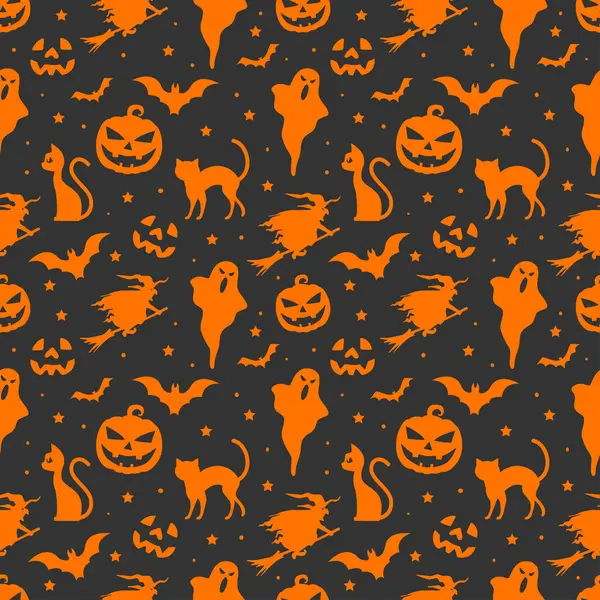 Pola Halloween Mulus Dengan Elemen Halloween Oranye Pada Latar Belakang - Stok Vektor
