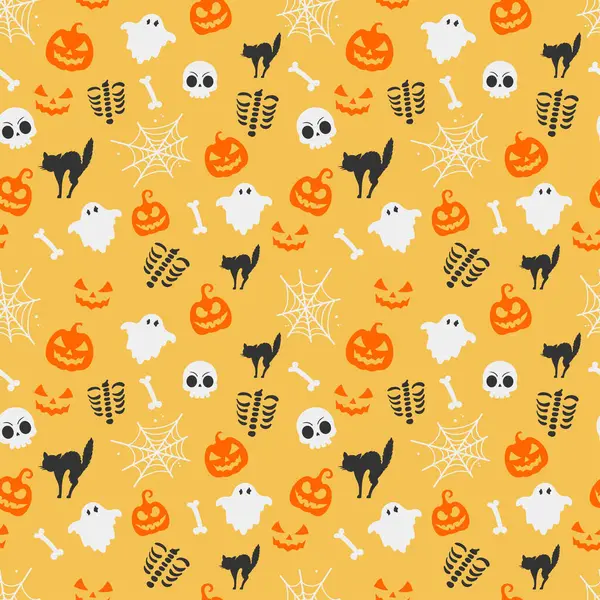 Halloween Sømløse Mønster Med Spøgelser Skelet Græskar Katte Edderkoppebaner Gul – Stock-vektor
