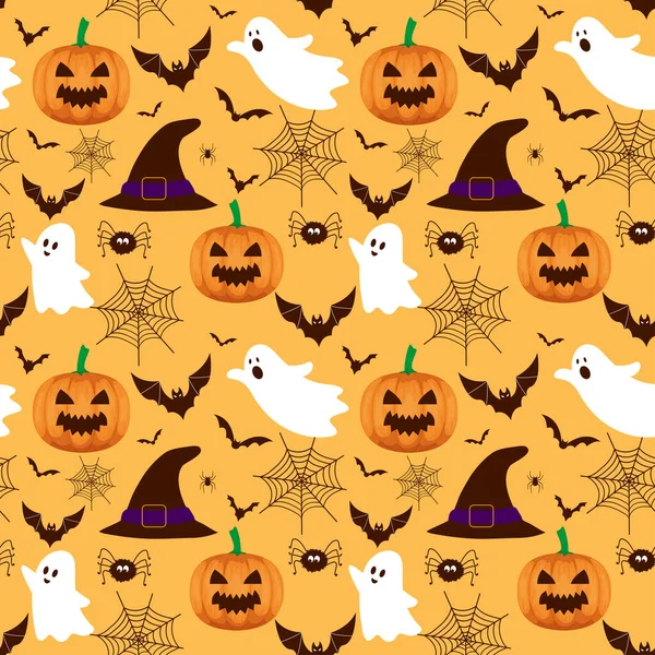 Halloween Patroon Achtergrond Met Pompoen Illustratie Heks Hoeden — Stockvector