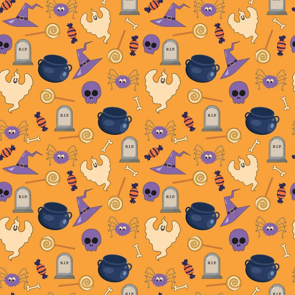 Ilustración Patrón Halloween Con Fantasma Halloween Caramelo Arañas — Vector de stock