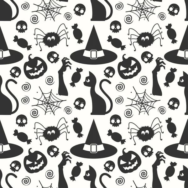 Fondo Patrón Halloween Blanco Negro Con Araña Sombrero Bruja Elementos — Vector de stock