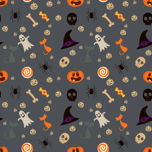Halloween Naadloze Patroon Achtergrond Illustratie Met Pompoenen Halloween Snoep Heks — Stockvector