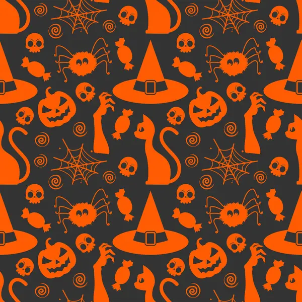 万圣节无缝模式与橙色女巫帽和蜘蛛黑色背景 — 图库矢量图片