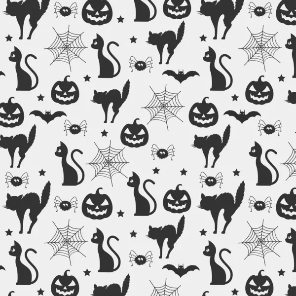 Zwart Wit Halloween Patroon Achtergrond Met Halloween Katten Halloween Elementen — Stockvector